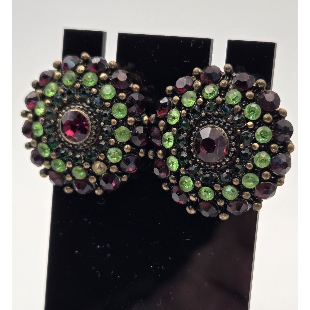Vintage Deep Red Green Rhinestone Cluster Earrings Antiqued Gold Tone‎ Boho